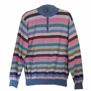 Peter Millar Striped 1/4 Zip Sweater Large Bandon Dunes Golf Italy Cotton